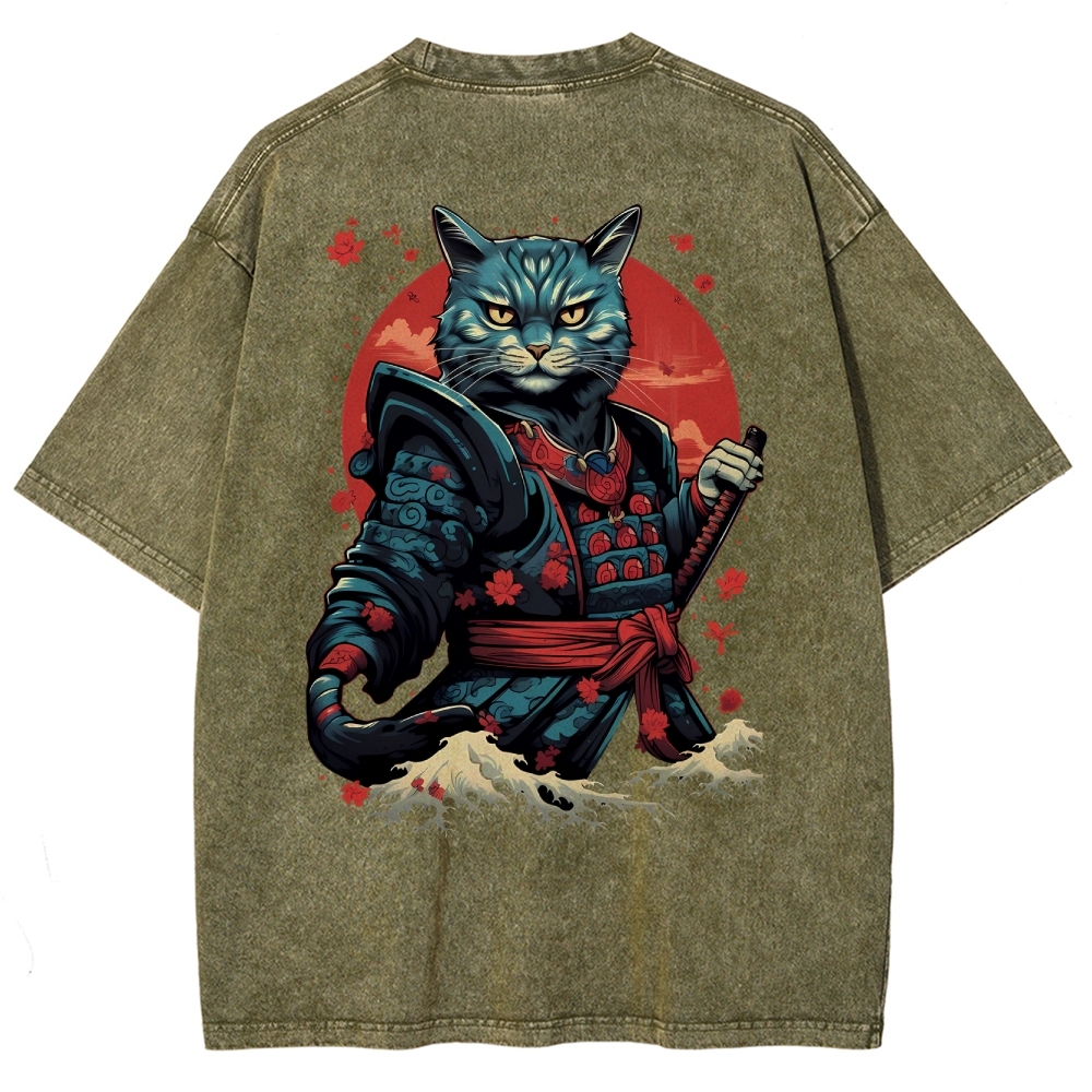 Japan Cat Warrior Washed Vintage Short Sleeves T-Shirt-moweekender