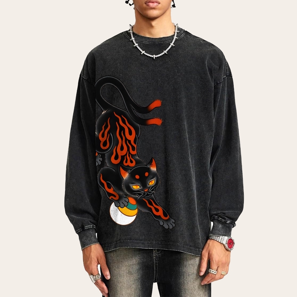 Two-tailed Cat Pattern Deep Washed Vintage Long Sleeves T-Shirt-moweekender