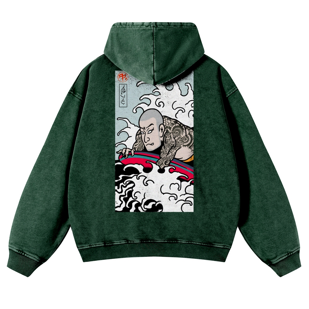 Japanese Surfing Ukiyoe Vintage Washed Hoodie-moweekender