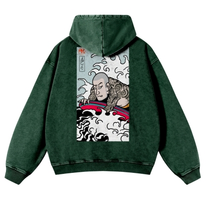 Japanese Surfing Ukiyoe Vintage Washed Hoodie-moweekender
