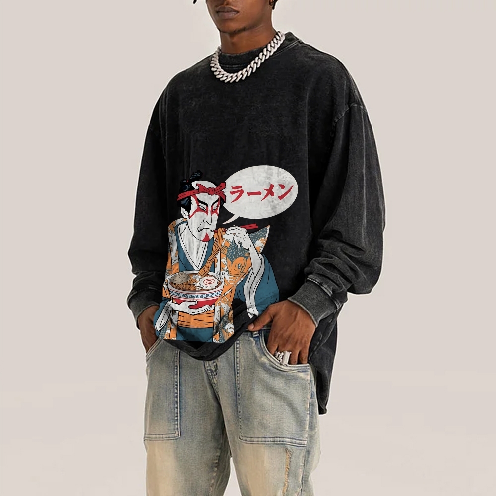 Japanese Warrior Ramen Deep Washed Vintage Long Sleeves T-Shirt-moweekender