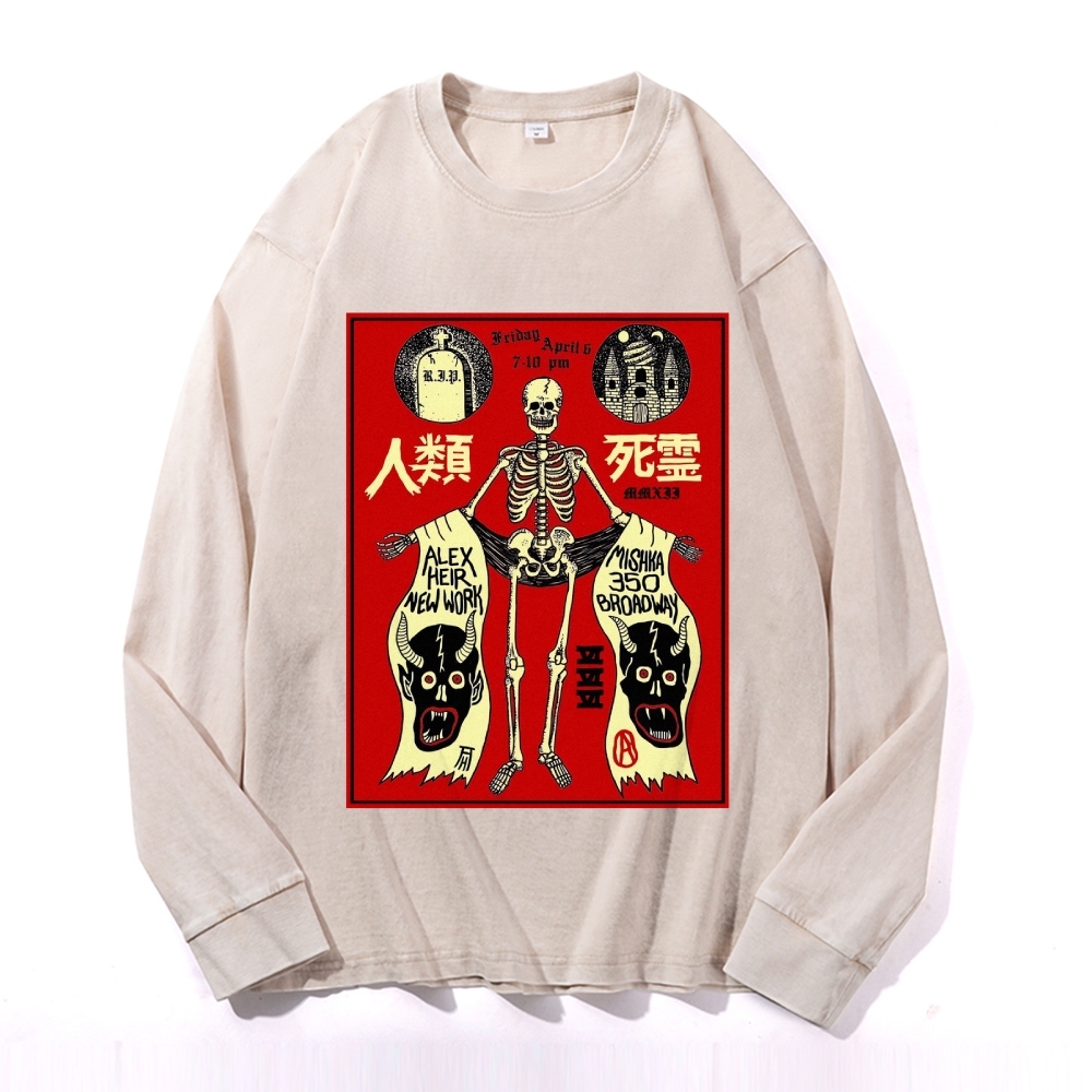 Human Skeleton Deep Washed Vintage Long Sleeves T-Shirt-moweekender