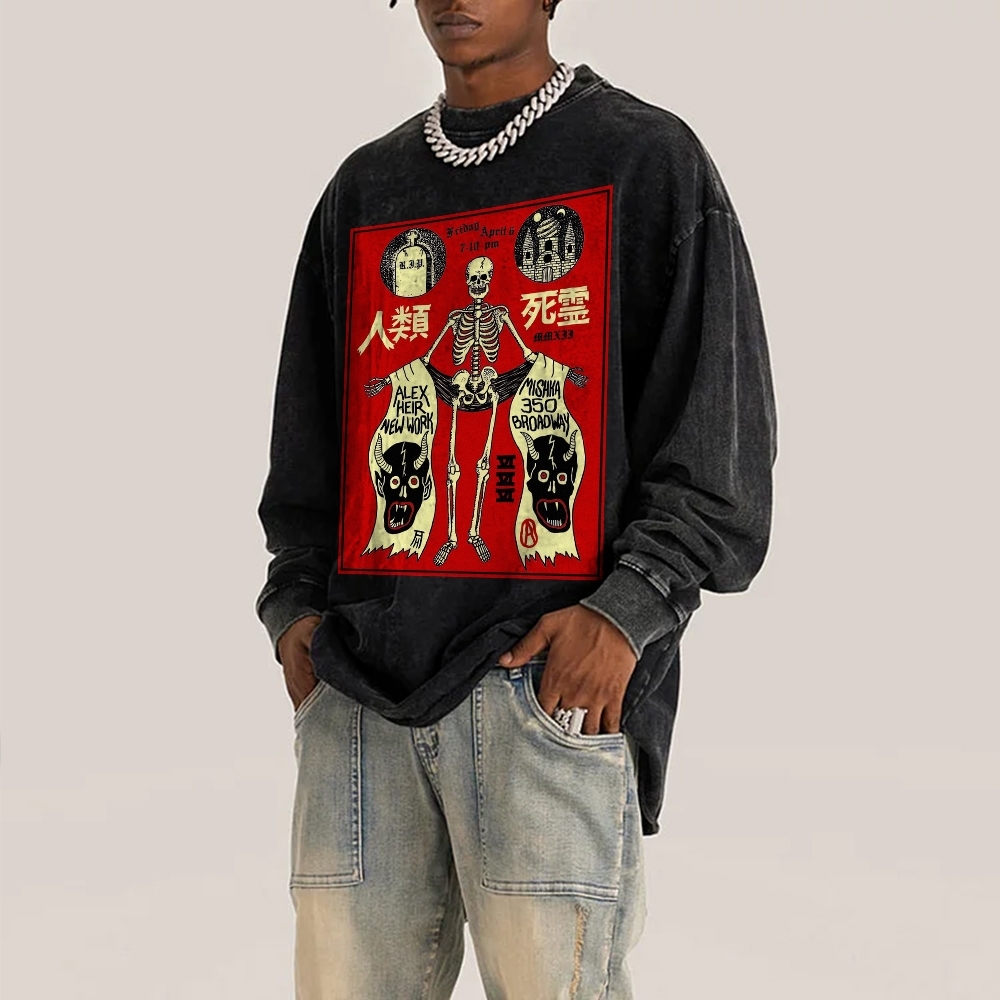 Human Skeleton Deep Washed Vintage Long Sleeves T-Shirt-moweekender