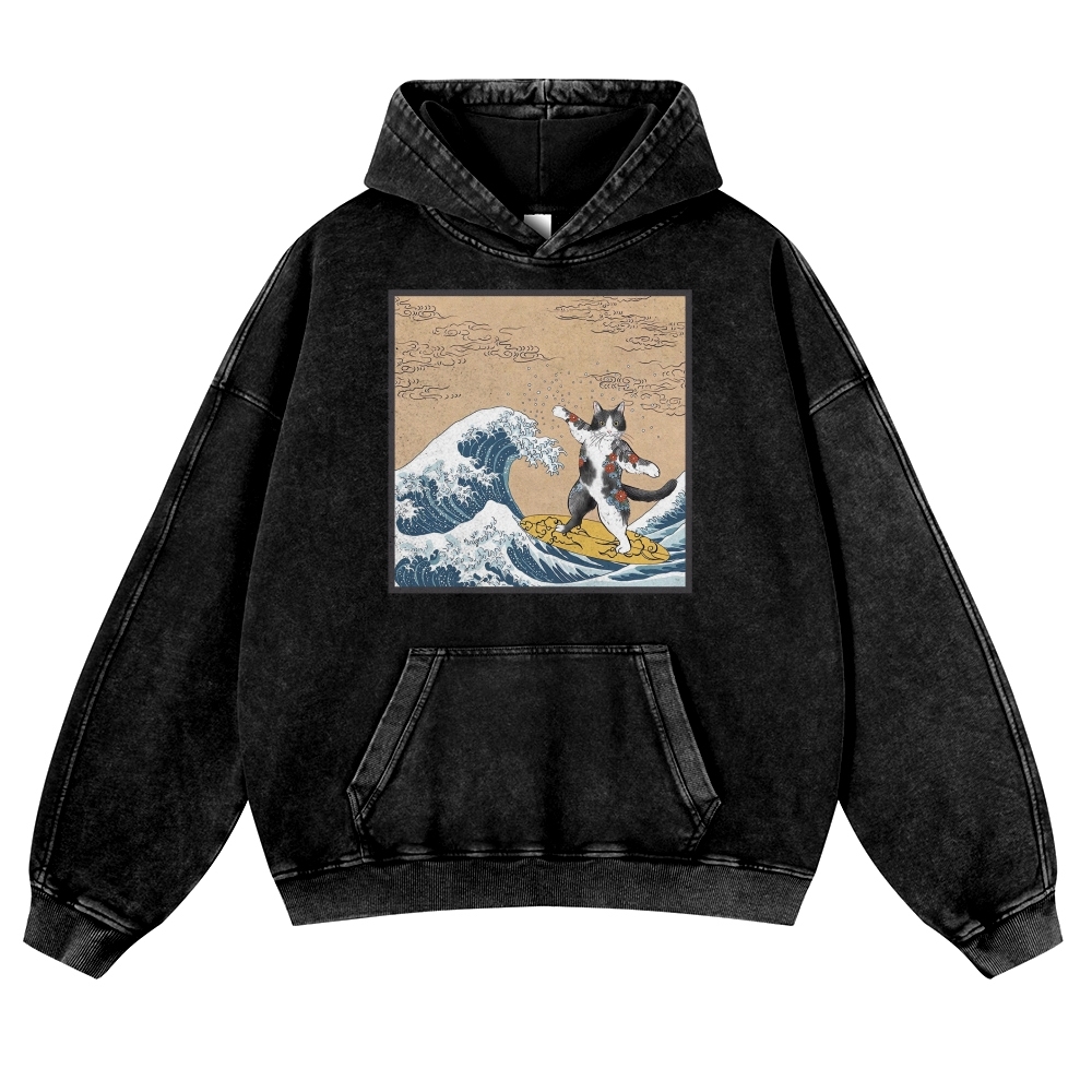 Surf-Bored Cat Ukiyoe Pattern Vintage Washed Hoodie-moweekender