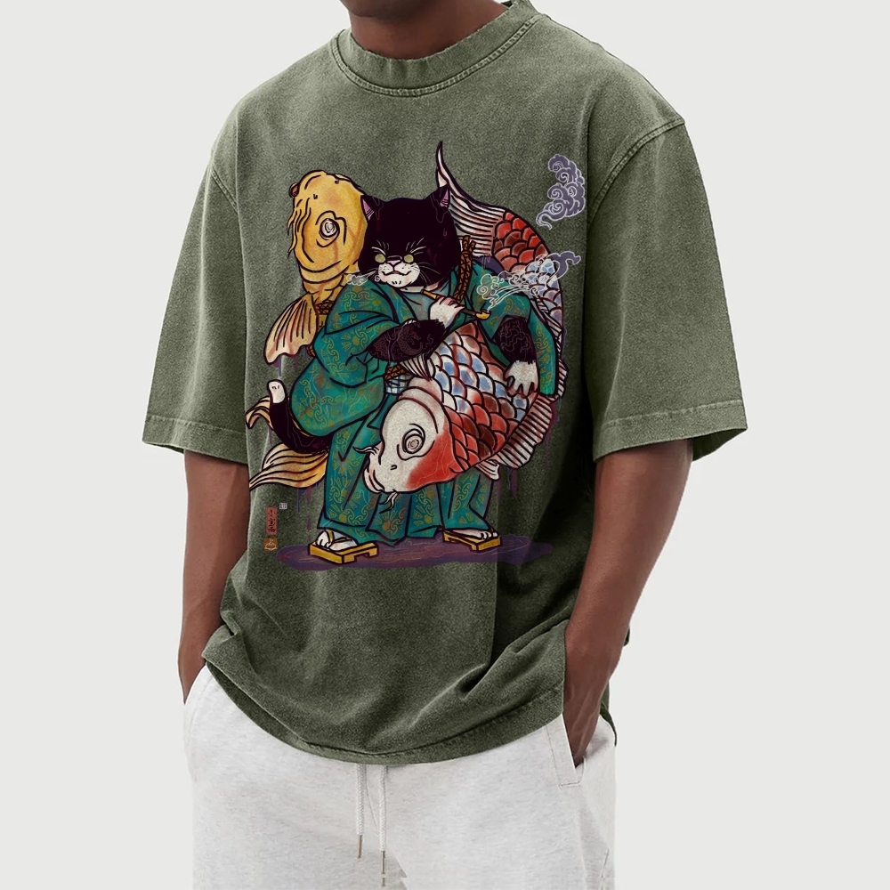 Big Fish Cat Ukiyoe Washed Vintage Short Sleeves T-Shirt-moweekender