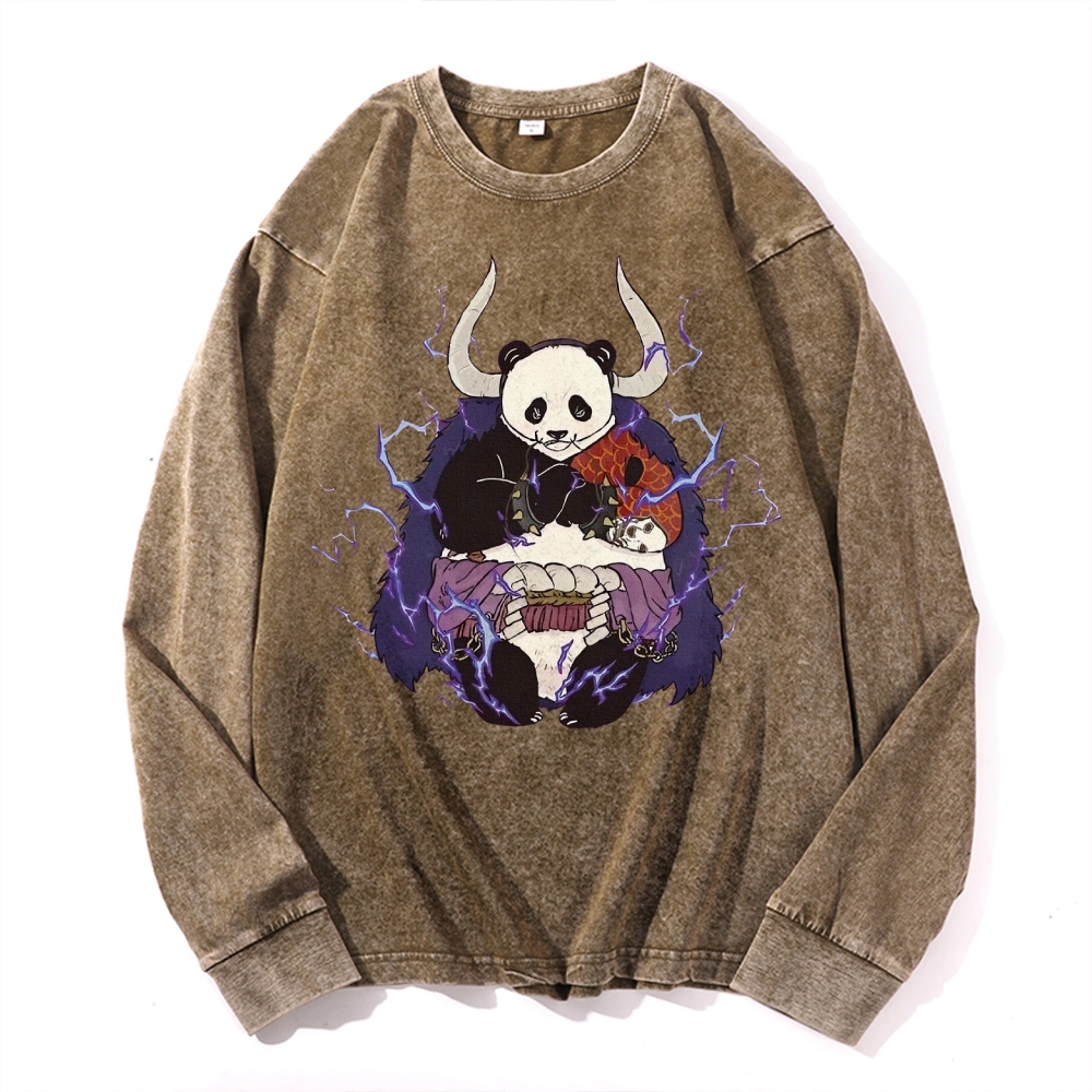 Panda Demon Pattern Deep Washed Vintage Long Sleeves T-Shirt-moweekender