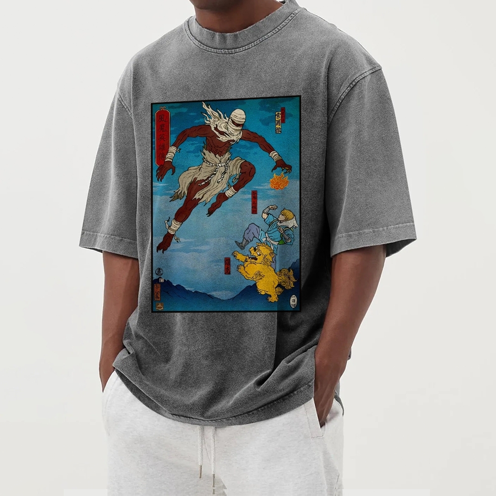 Hero Story Pattern Washed Vintage Short Sleeves T-Shirt-moweekender