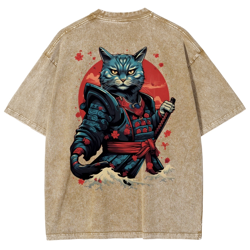 Japan Cat Warrior Washed Vintage Short Sleeves T-Shirt-moweekender