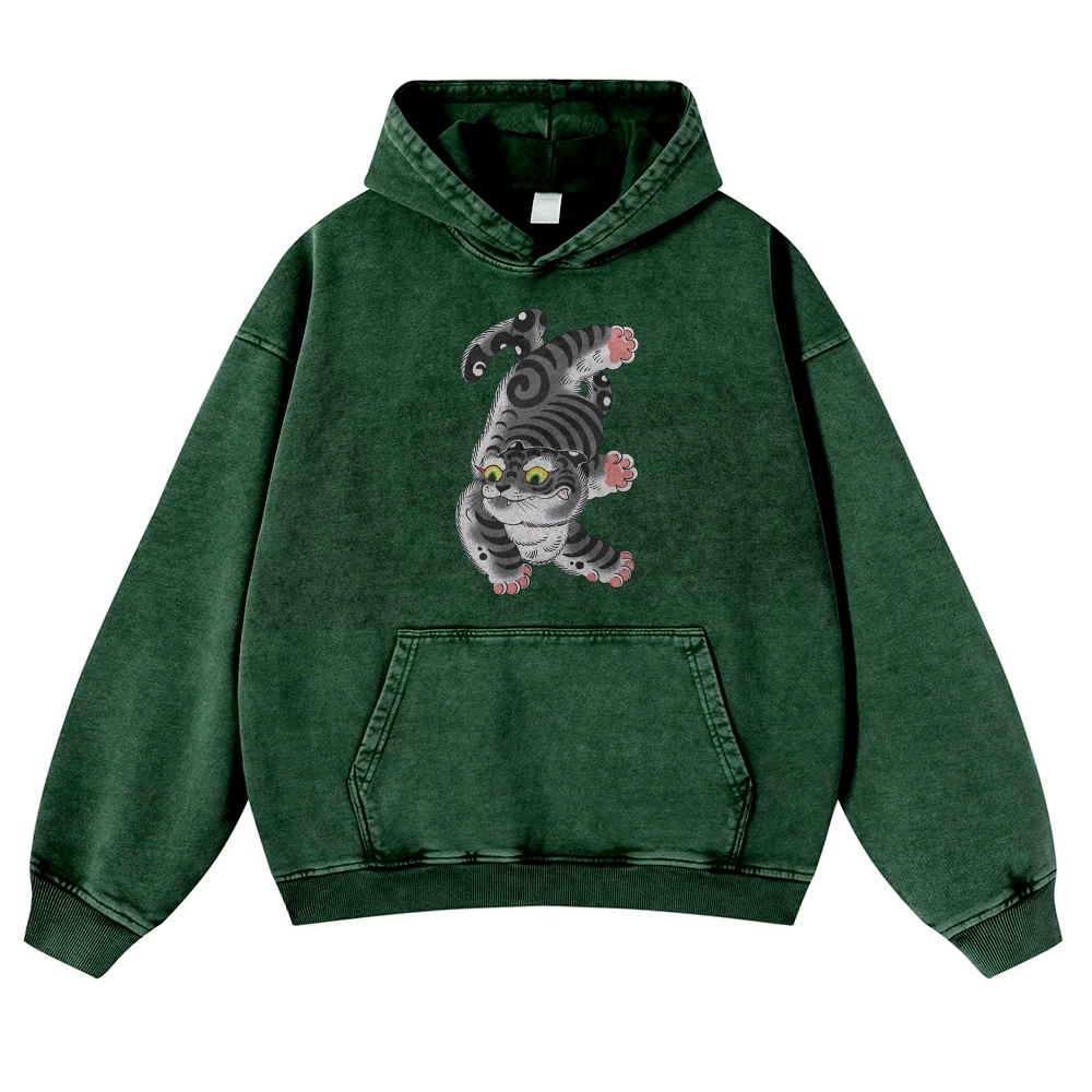 Japanese Cat Printed Vintage Washed Hoodie-moweekender