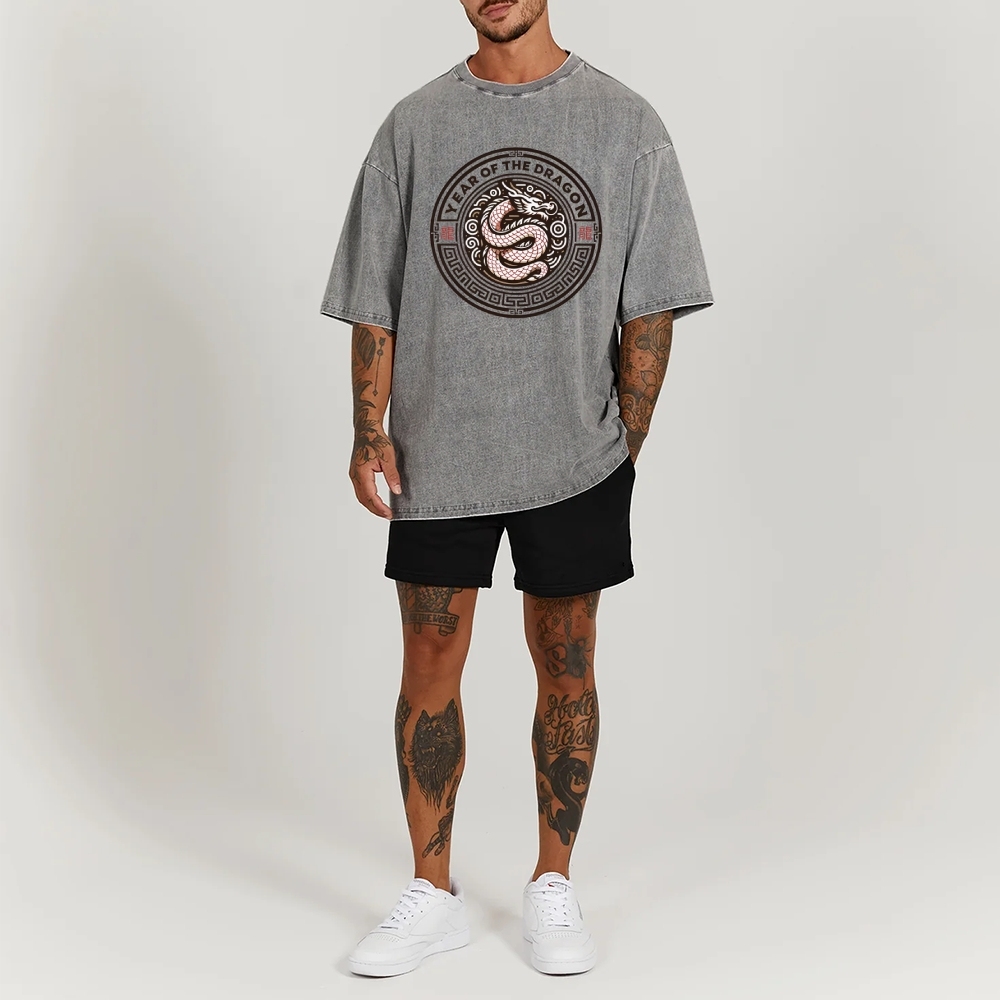 Traditional Dragon Pattern Washed Vintage Short Sleeves T-Shirt-moweekender