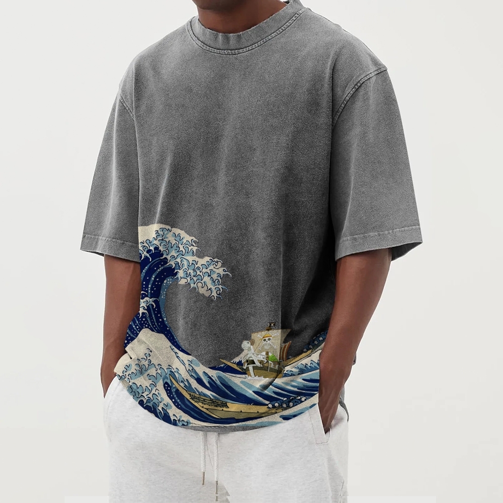 Straw Hat Pirate Ship Washed Vintage Short Sleeves T-Shirt-moweekender