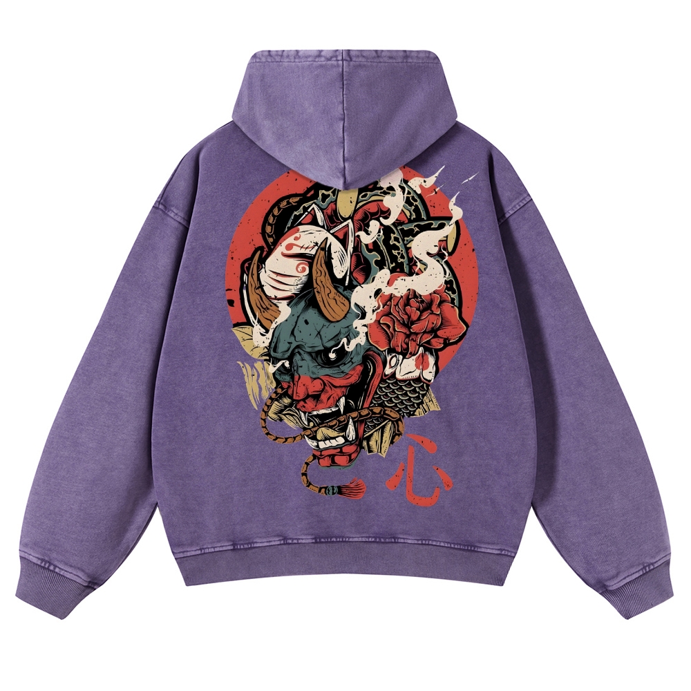 Japanese Traditional Mask Pattern Vintage Washed Hoodie-moweekender