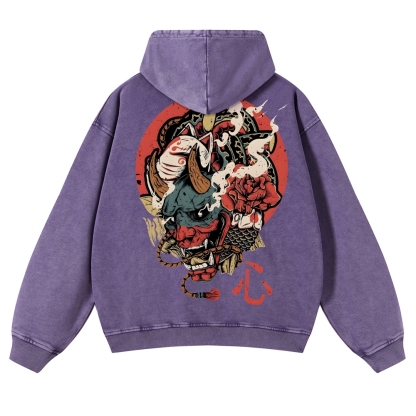 Japanese Traditional Mask Pattern Vintage Washed Hoodie-moweekender