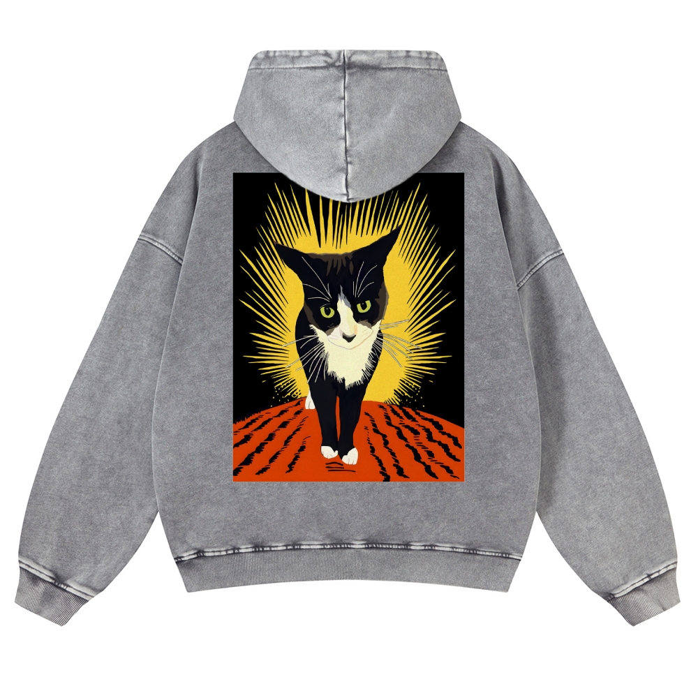 Rebel Cat Casual Vintage Washed Hoodie-moweekender