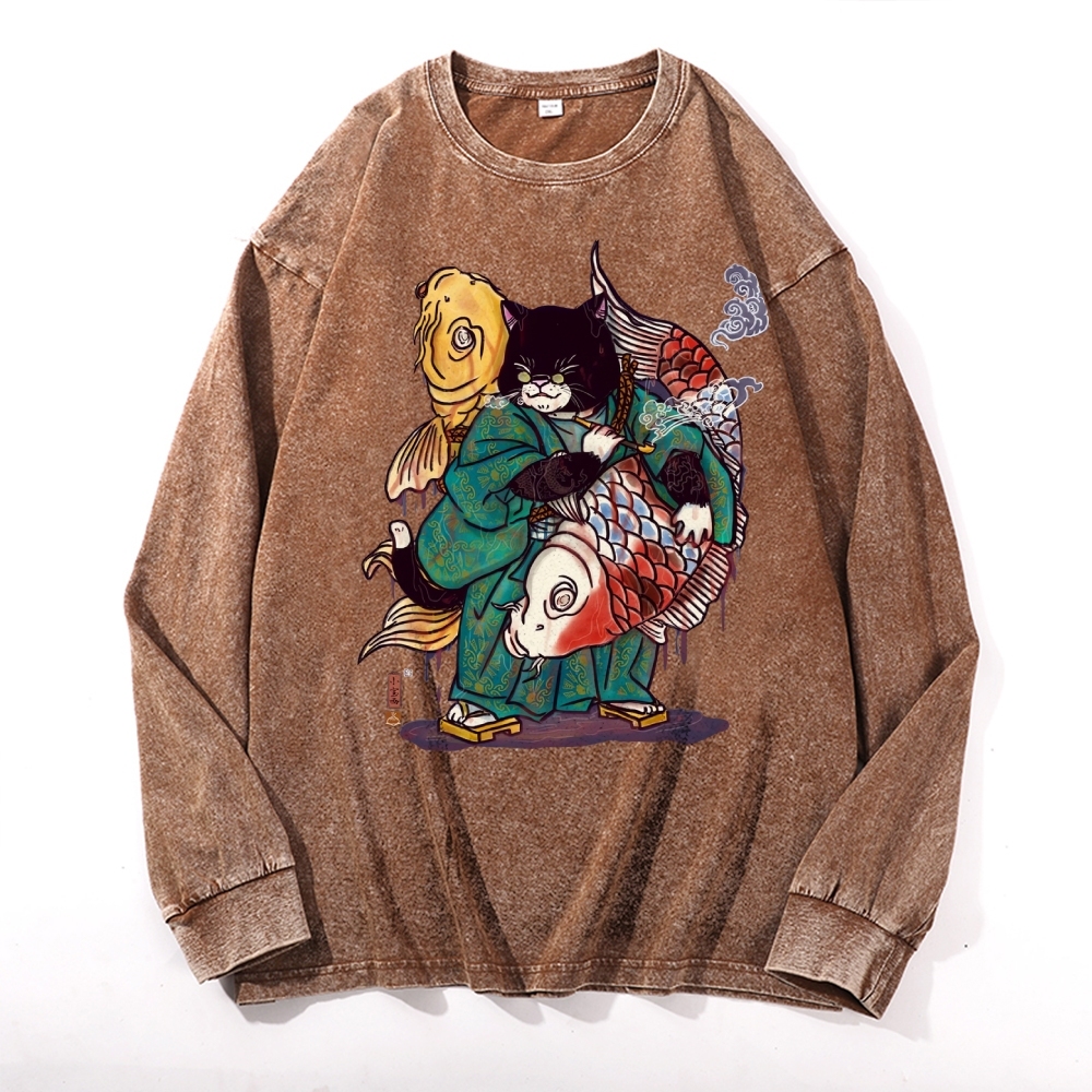Big Fish Cat Deep Washed Vintage Long Sleeves T-Shirt-moweekender