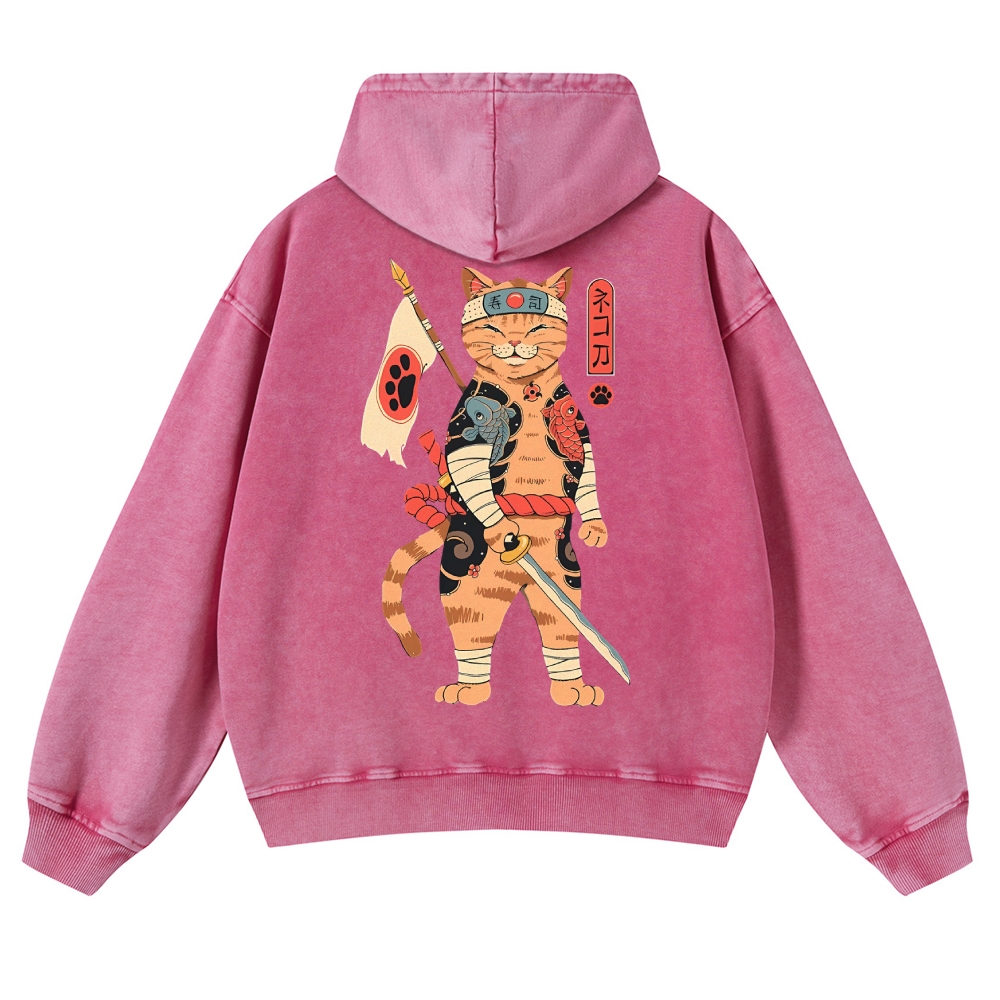 Sushi Warrior Cat Casual Vintage Washed Hoodie-moweekender