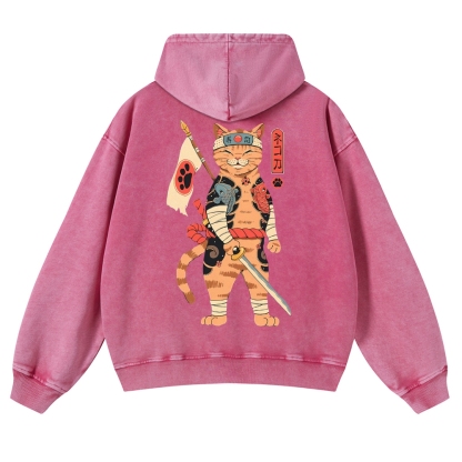 Sushi Warrior Cat Casual Vintage Washed Hoodie-moweekender