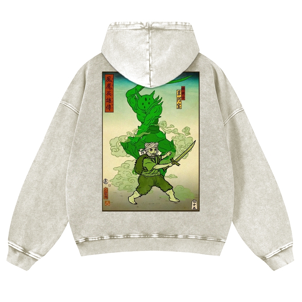Hero Story Pattern Printed Vintage Washed Hoodie-moweekender