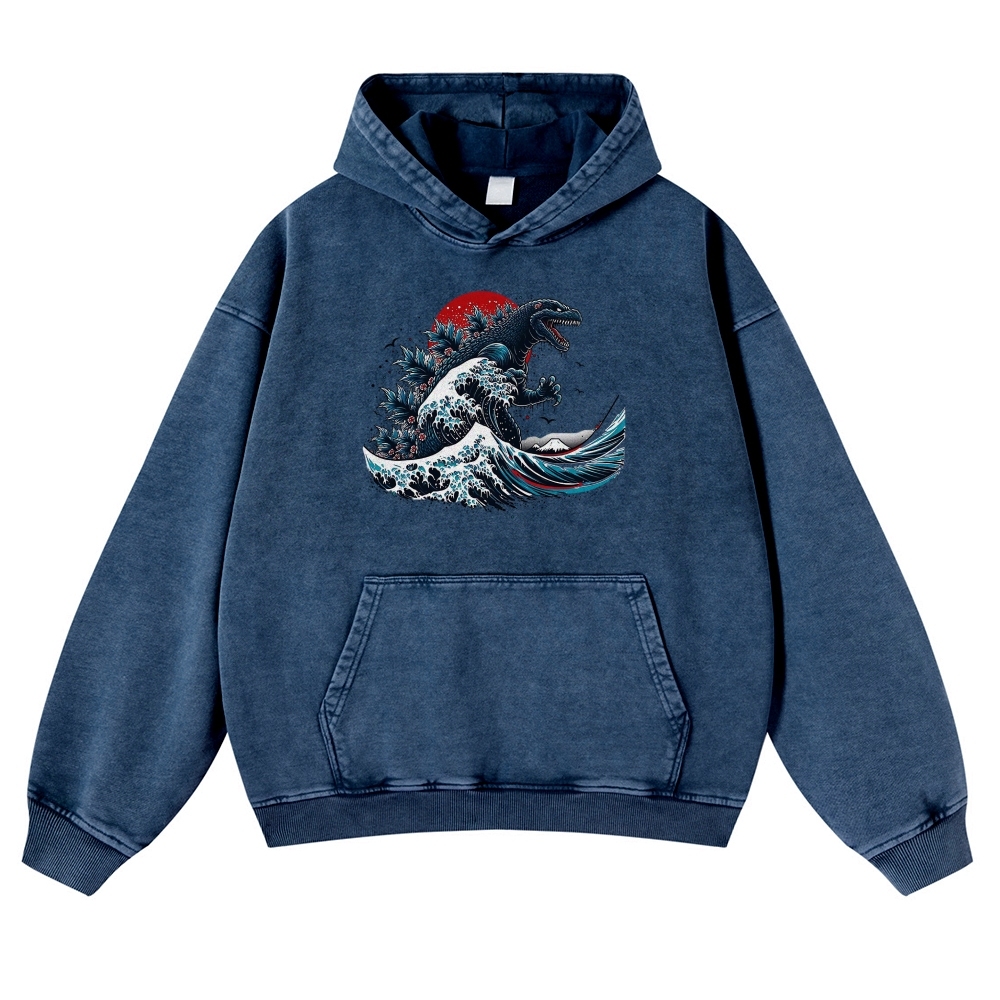 Japanese Godzilla Wave Ukiyoe Vintage Washed Hoodie-moweekender