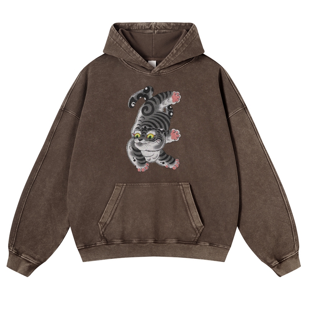 Japanese Cat Printed Vintage Washed Hoodie-moweekender