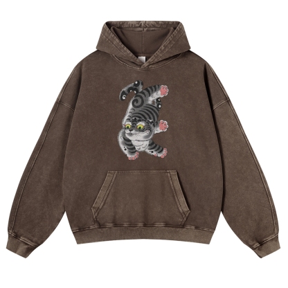 Japanese Cat Printed Vintage Washed Hoodie-moweekender