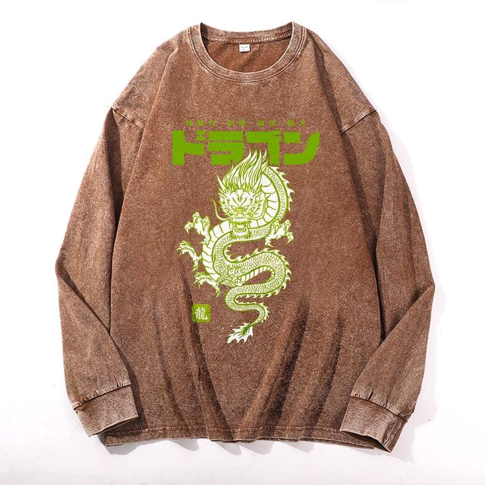 Loong Totem Casual Deep Washed Vintage Long Sleeves T-Shirt-moweekender