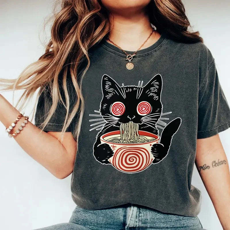 Confused Cat Eating Ramen Washed Vintage T-Shirt-moweekender