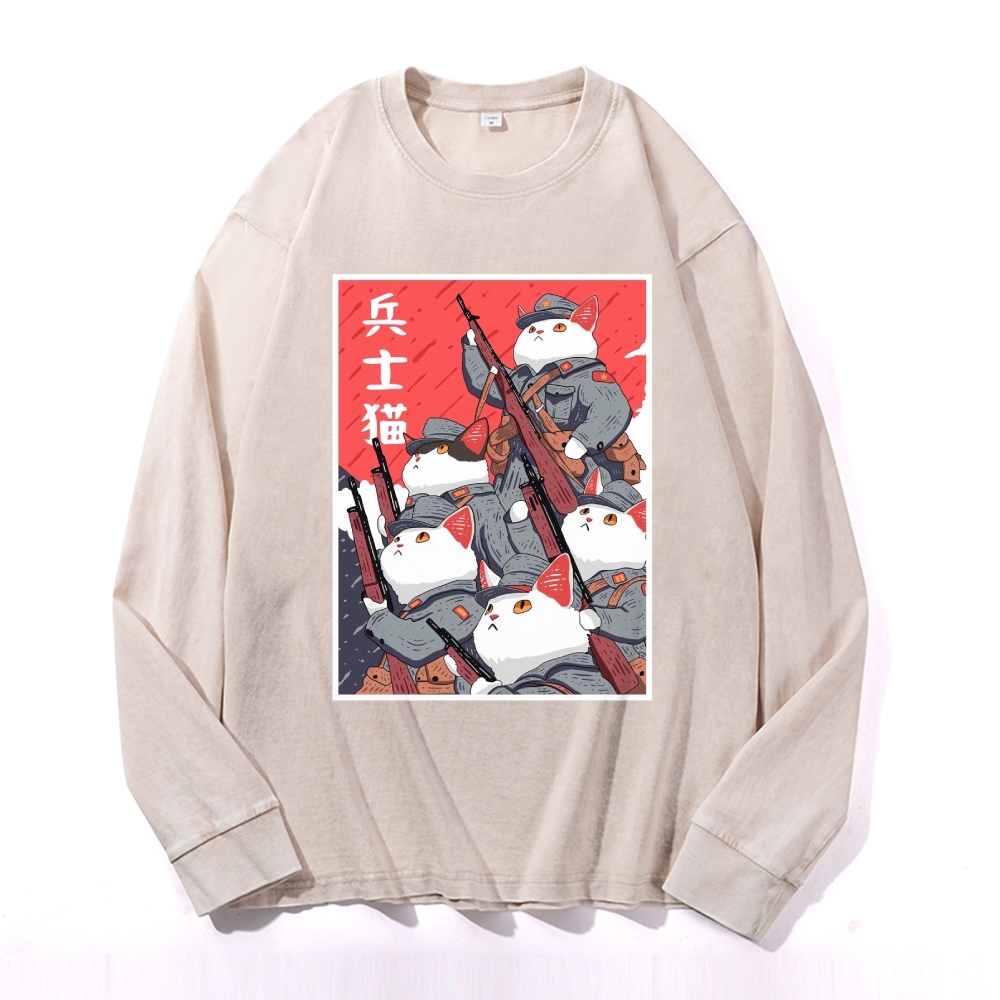 Soldier Cat Pattern Deep Washed Vintage Long Sleeves T-Shirt-moweekender