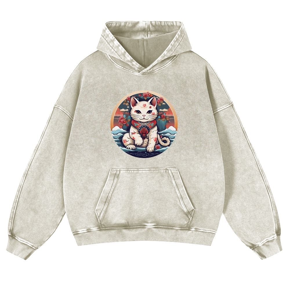 Japanese Cat Painting Printed Vintage Washed Hoodie-moweekender