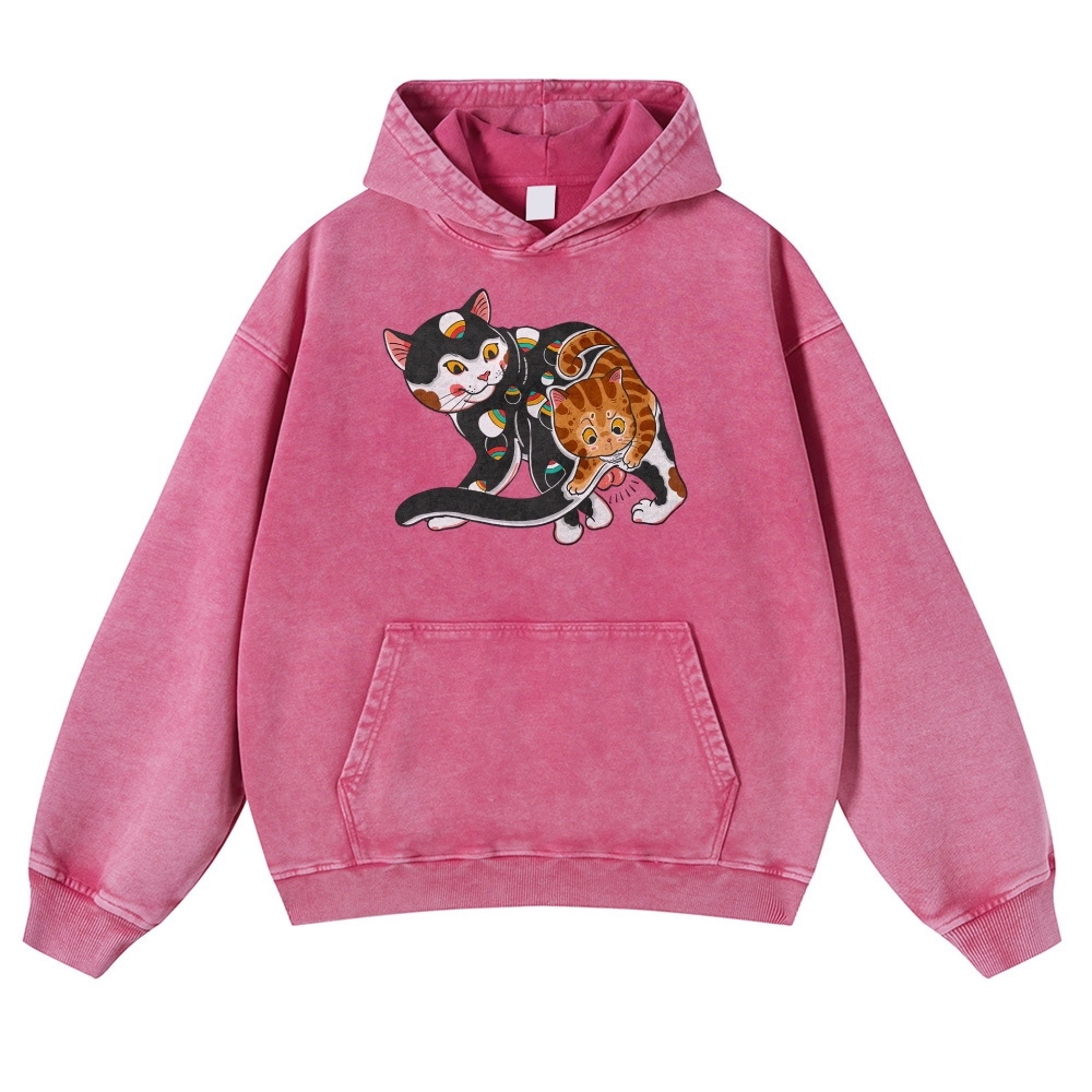 Curious Cat Pattern Printed Vintage Washed Hoodie-moweekender