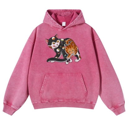 Curious Cat Pattern Printed Vintage Washed Hoodie-moweekender