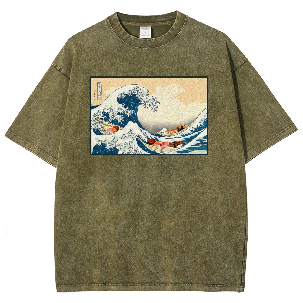 Sushi Ship Wave Ukiyoe Washed Vintage Short Sleeves T-Shirt-moweekender