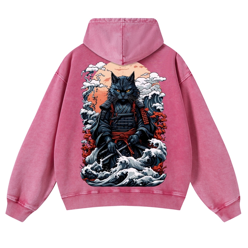 Cat Warrior Wave Ukiyoe Vintage Washed Hoodie-moweekender