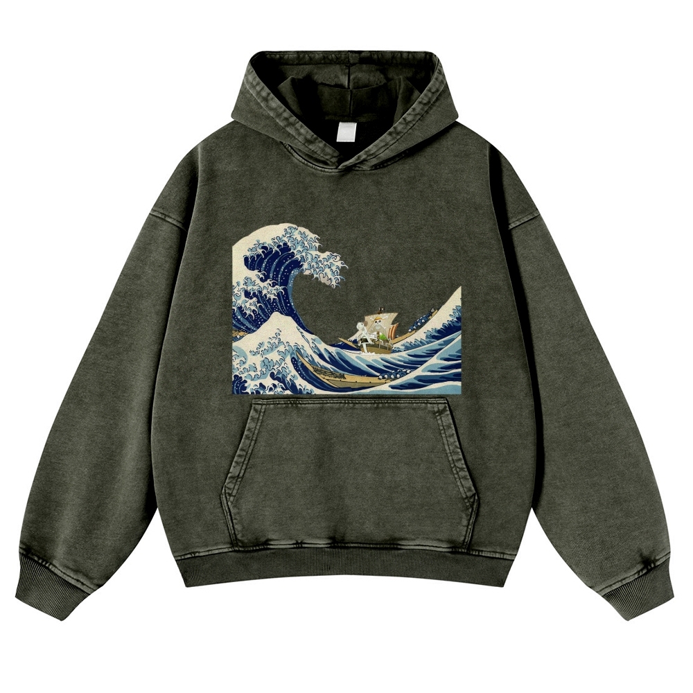 Wave Ukiyoe Pattern Vintage Washed Hoodie-moweekender