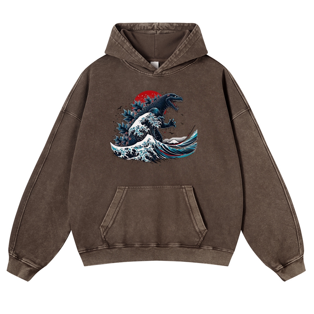 Japanese Godzilla Wave Ukiyoe Vintage Washed Hoodie-moweekender
