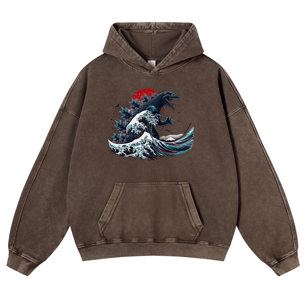 Japanese Godzilla Wave Ukiyoe Vintage Washed Hoodie-moweekender