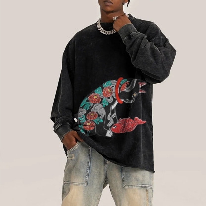 Flower Tattoo Cat Deep Washed Vintage Long Sleeves T-Shirt-moweekender