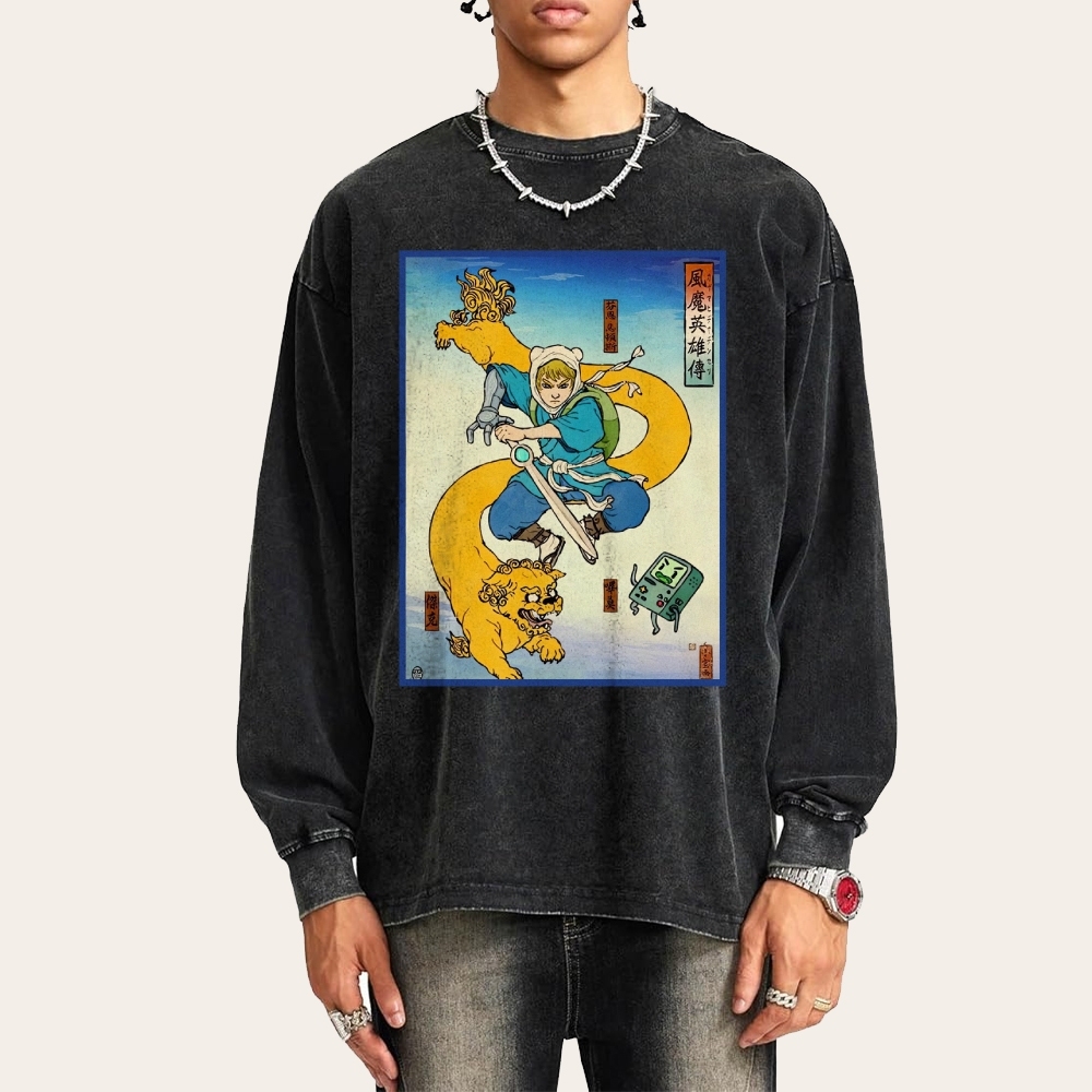 Hero Story Pattern Deep Washed Vintage Long Sleeves T-Shirt-moweekender