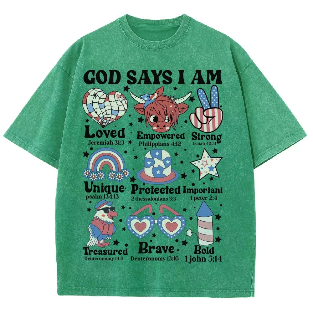God Says I Am Vintage Snowflake Washed T-Shirt-moweekender