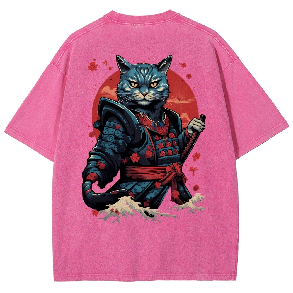 Japan Cat Warrior Washed Vintage Short Sleeves T-Shirt-moweekender