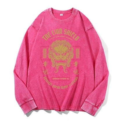 Lucky Lion Pattern Deep Washed Vintage Long Sleeves T-Shirt-moweekender
