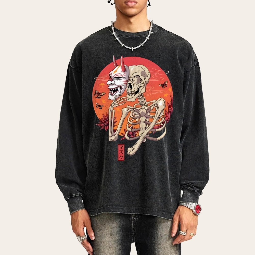 Japanese Skeleton Mask Deep Washed Vintage Long Sleeves T-Shirt-moweekender