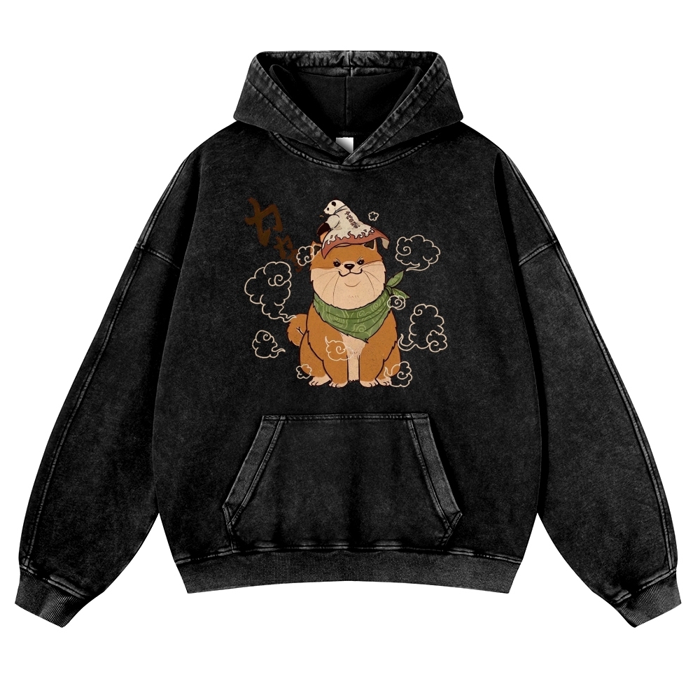 Japanese Panda Shiba Inu Pattern Vintage Washed Hoodie-moweekender