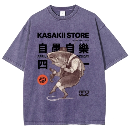 Fishing Shark Man Washed Vintage Short Sleeves T-Shirt-moweekender