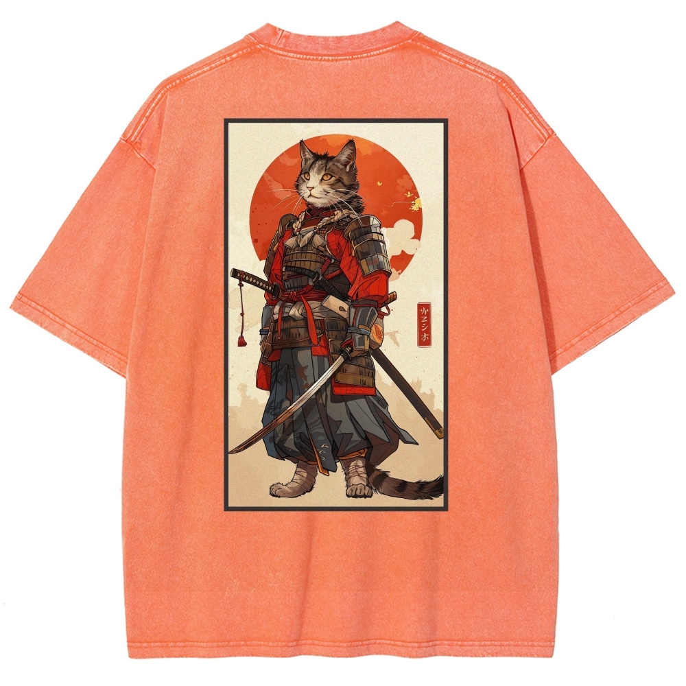 Casual Warrior Cat Washed Vintage Short Sleeves T-Shirt-moweekender