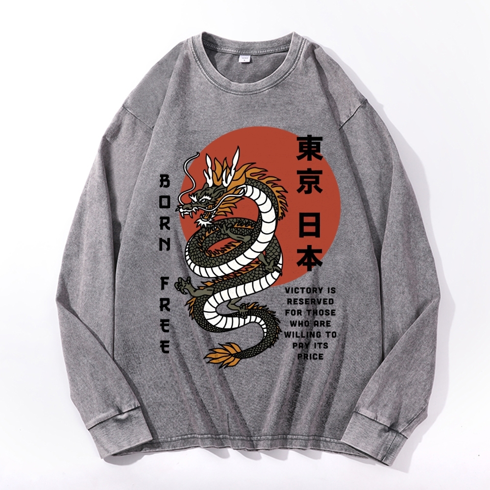 Tokyo Dragon Pattern Deep Washed Vintage Long Sleeves T-Shirt-moweekender