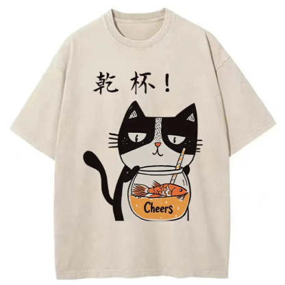 Cat Cheers Washed Vintage T-Shirt-moweekender