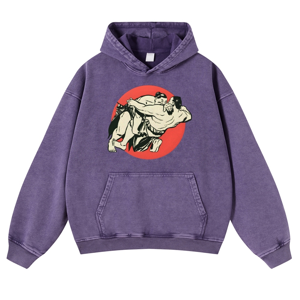 Japanese Sumo Wrestlers Pattern Vintage Washed Hoodie-moweekender