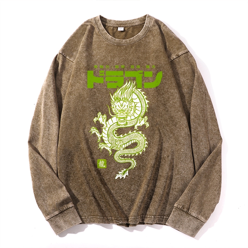 Loong Totem Casual Deep Washed Vintage Long Sleeves T-Shirt-moweekender