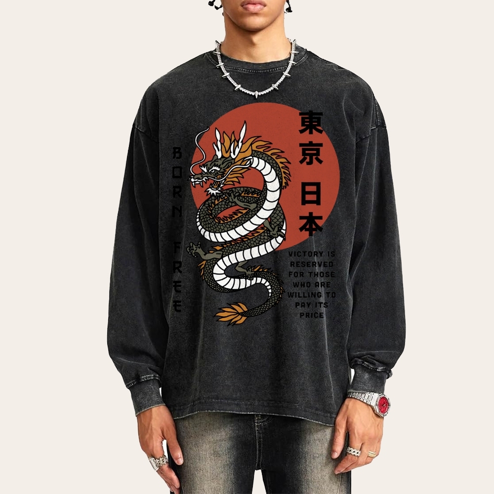 Tokyo Dragon Pattern Deep Washed Vintage Long Sleeves T-Shirt-moweekender